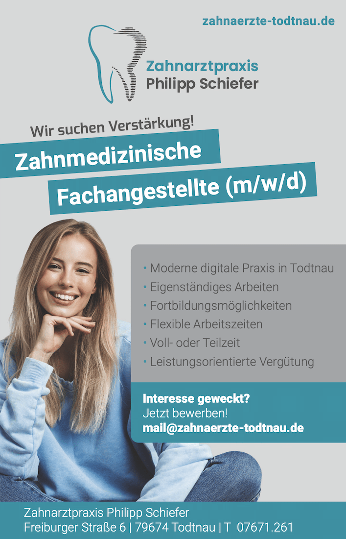 Stellenangebot Zahnmedizinische Fachangestellte (m/w/d) – Zahnarztpraxis Philipp Schiefer
